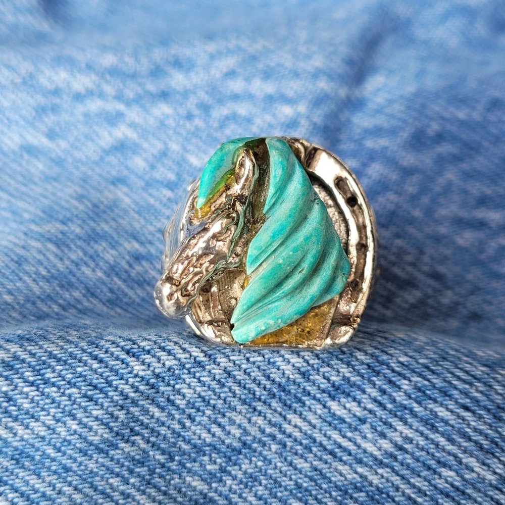 Large Carved Natural Turquoise Horse Head Sterling Silver Ring, Size: 10.5